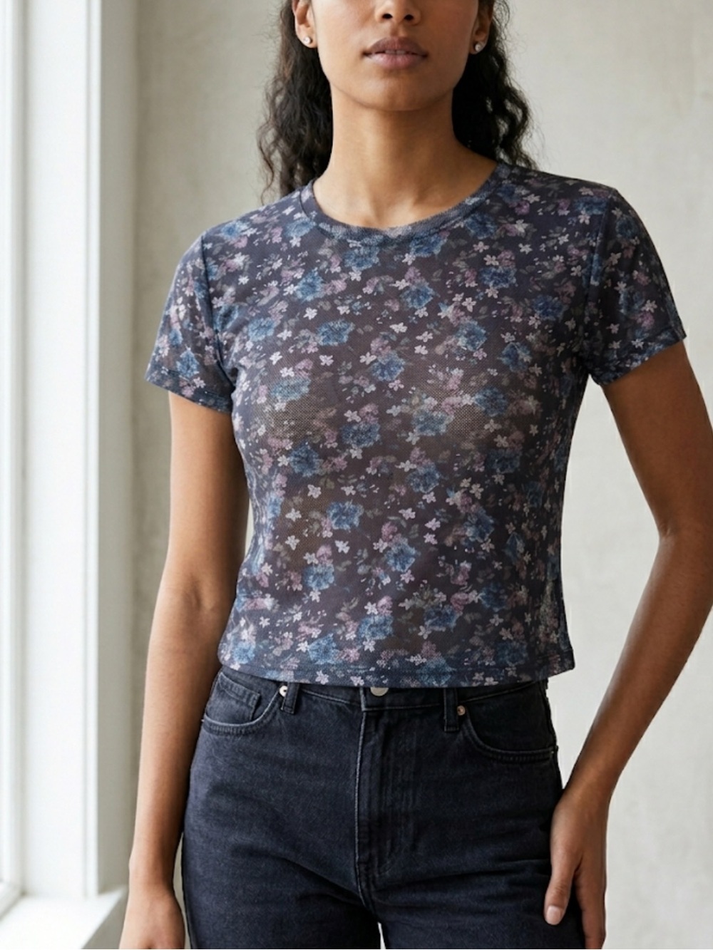Garage Floral Mesh Top – Size Medium | Y2K Clubwear | Sheer Layering Essential |